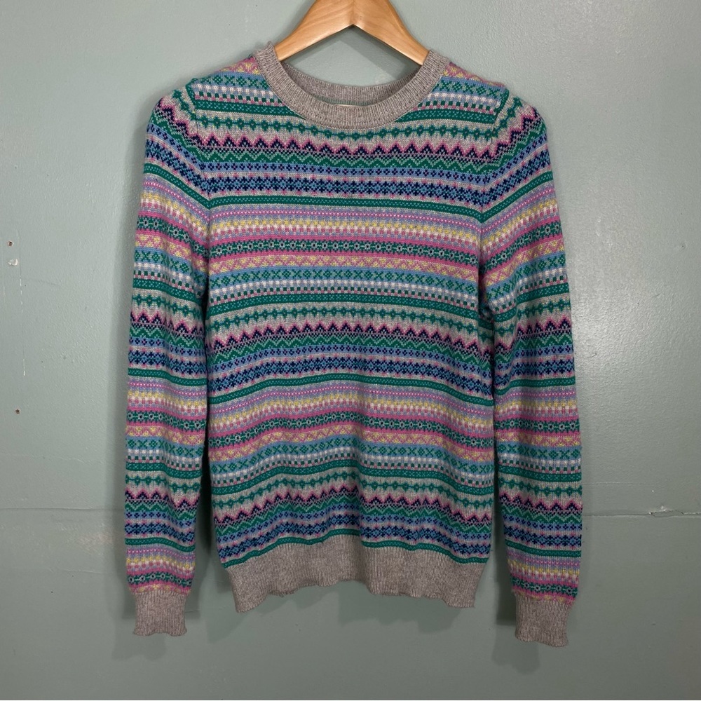 Boden K0289 Fair Aisle Sweater Crewneck Pullover Green Pink Nordic Sz M